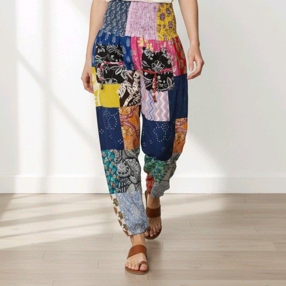 Ashley Taylor Womens Patchwork Harem Pants Smocked Waist Cotton Joggers One Size